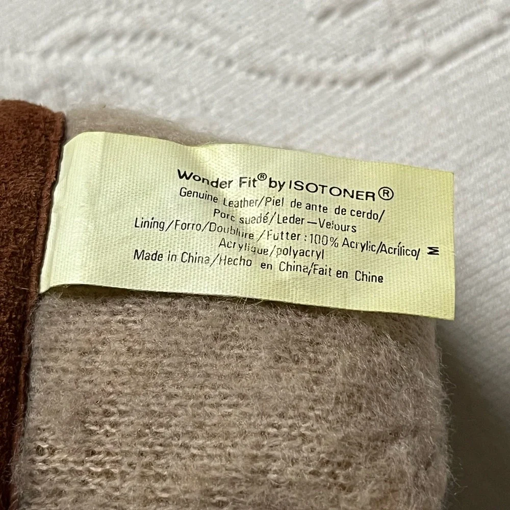 Isotoner Wonder Fit Suede Leather Gloves M Camel Brown Fleece Lined Vintage - Picture 3 of 7